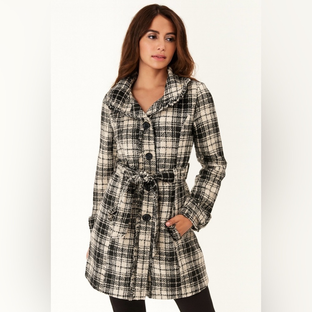 Vintage Grass Collection Women's Black Tan Plaid Long Jacket Coat Pockets Belted